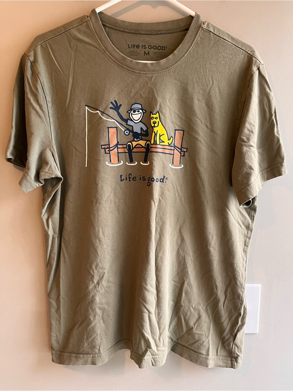 Life Is Good Olive Green Graphic Tee with Fishing Dock Illustration With Dog